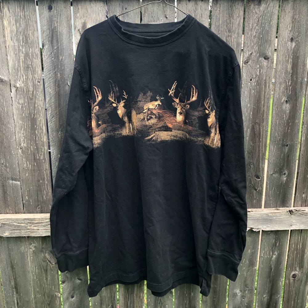 Black Long-Sleeve Men's Shirt with Deer Graphic